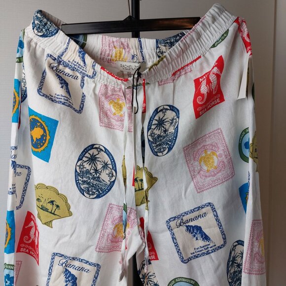 NWT New Linen Blend Pants with Tropical Travel Stamp Print - Medium - Picture 2 of 6
